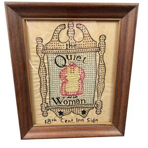 VTG Cross Stitch The Quiet Woman Wood Frame 12x10 Art 18th Cent. Inn Sign
